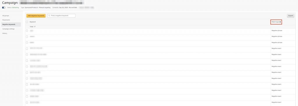 Select which match type you want from the dropdown menu (negative phrase or negative exact)
