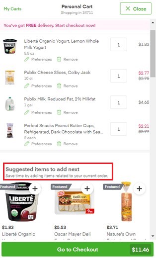 Instacart featured products can also appear in the cart checkout page.