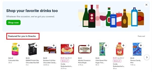 The homepage can also show Instacart featured products.