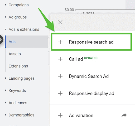 On the left of your google ads dashboard, you'll find the option to create a new responsive search ad.