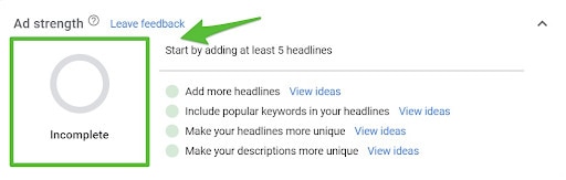 Here you can see the Ad Strength Meter, which will give you Google's recommendations about your ad copy.
