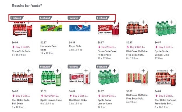 Instacart featured products commonly appear in the search results.